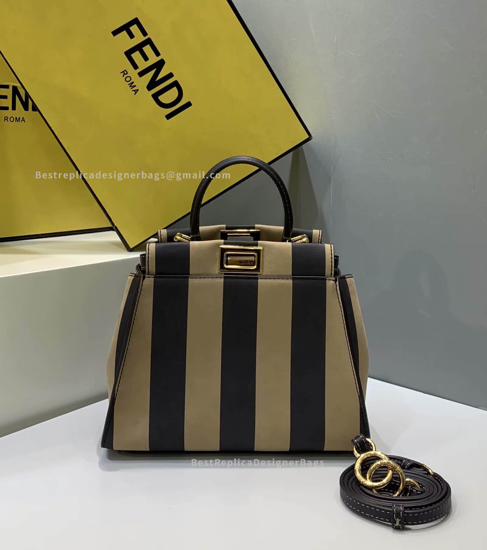 Fendi Peekaboo Iconic Mini Black And Brown Stripe Leather Bag 2122S